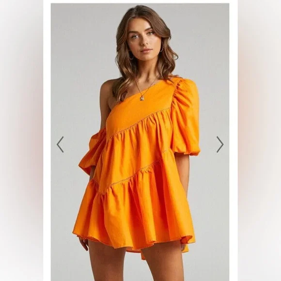 Showpo Harleen One-Shoulder Orange Mini Dress - Picture 1 of 6